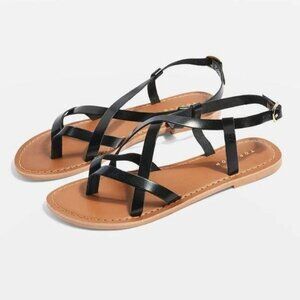 Topshop BLACK LEATHER Hazel Flat Sandals 39 US 8.5-9